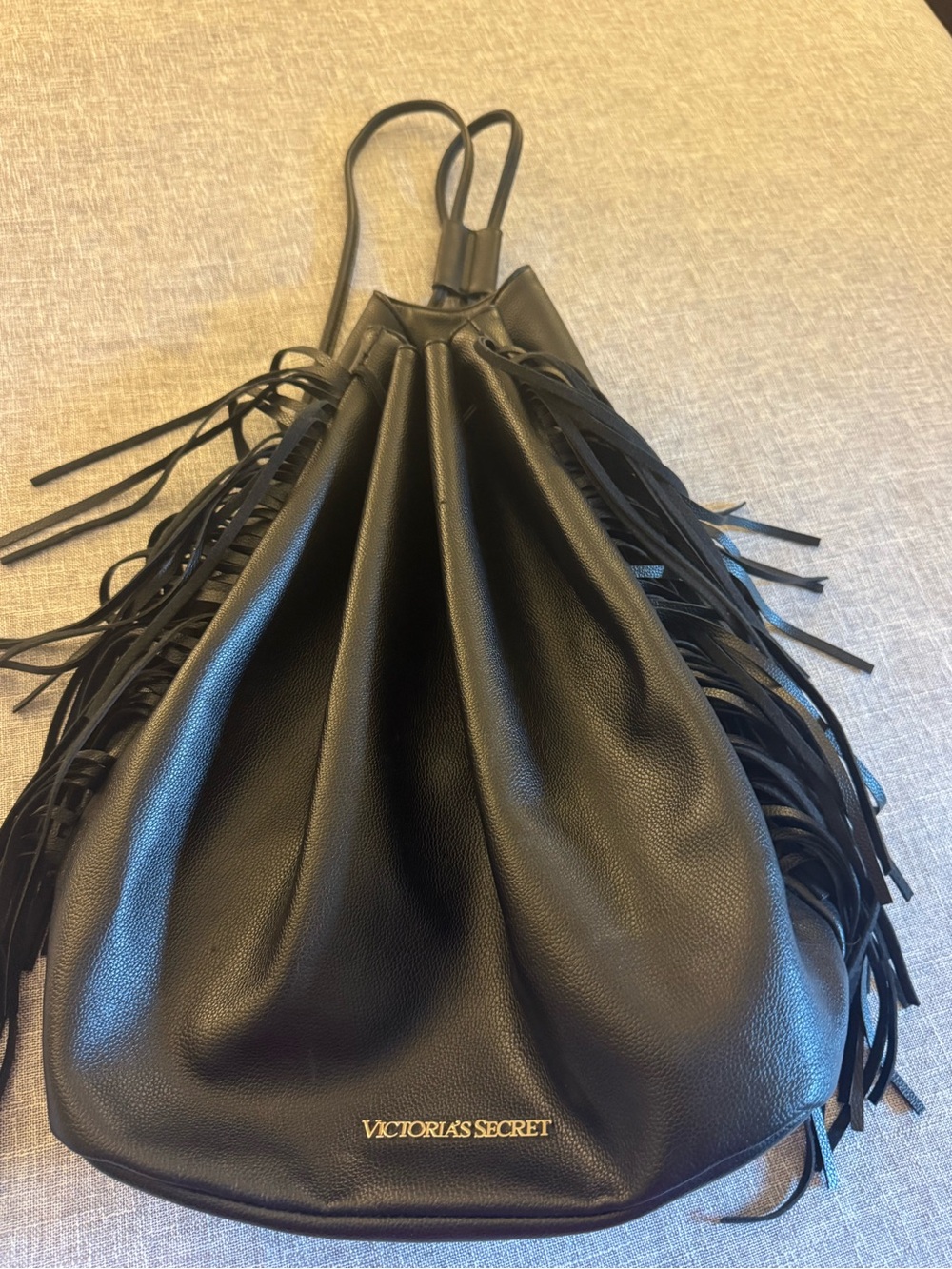 Victoria's Secret Black Faux Leather Fringe Drawstring Boho Bag - Picture 10 of 16